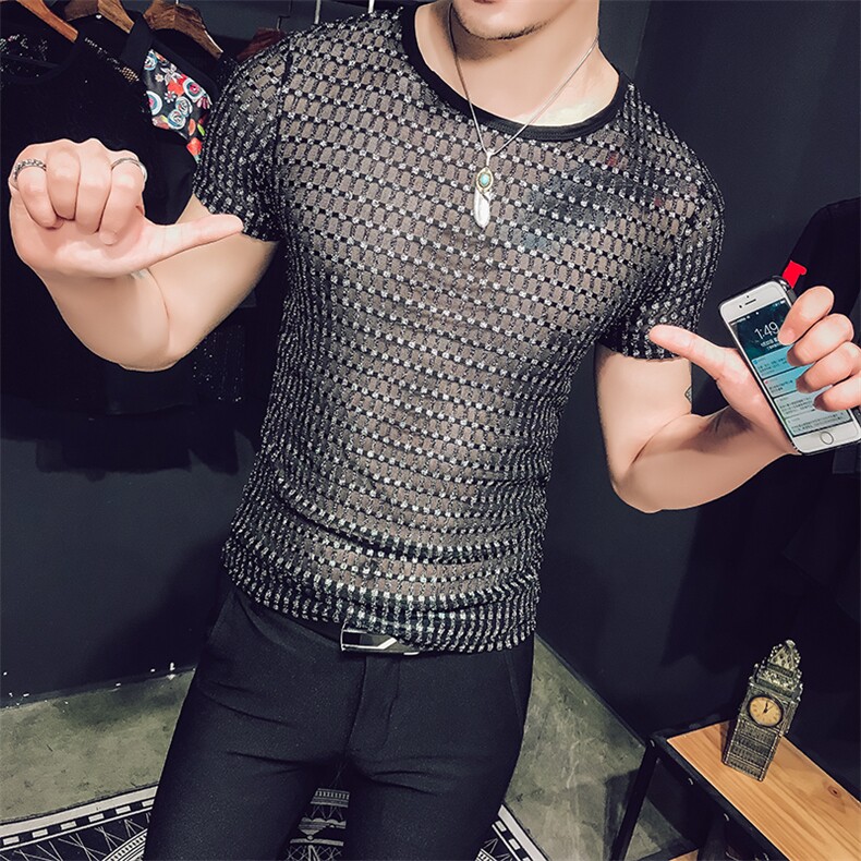 2021社会小伙个性短T硬汉风透视短袖潮流修身夜店休闲T恤T25，男装T恤，星座419（原A233）