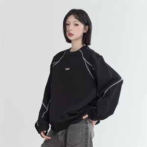 W9521-P60 网图现货 新款美式高街明线重磅垫肩卫衣运动休闲上衣图片
