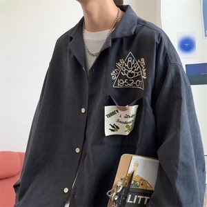 美式复古刺绣长袖衬衫男2023春季宽松休闲百搭工装上衣 W6934-P33图片