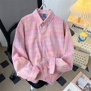 宽松廓形粉色格子衬衫男oversize休闲衬衣情侣长袖外套潮-C3144