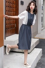 2022年夏季简约时尚铜氨丝拼接显瘦中长连衣裙，女装连衣裙，韩蜜菓