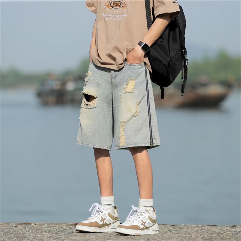 夏季牛仔裤男港风潮破洞乞丐高街慵懒潮流短裤五分裤XK8047-P40图片