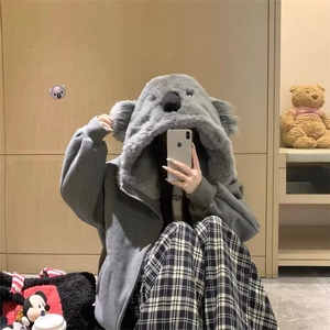 毛绒绒刺绣考拉连帽拉链加厚棉衣外套女秋冬新款童趣减龄宽松开衫图片