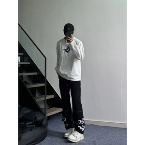 现货 美式ins高街牛仔裤百搭微喇刺绣铆钉拼接牛仔裤K2321-P65图片