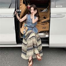 2026夏季显瘦气质牛仔马甲印花半身裙套装裙超好看穿搭一整套，女装套装/套裙，冬木谷雨
