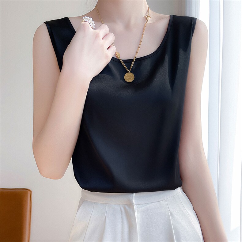 夏季真丝吊带背心女纯色内搭配西装圆领黑色白色打底宽松外穿上衣，女装背心吊带，羊特美羊绒