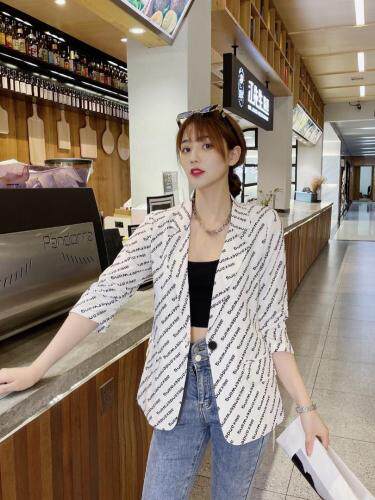 现货夏季新款字母图案袖子褶皱薄西服，女装，韩衫衣社