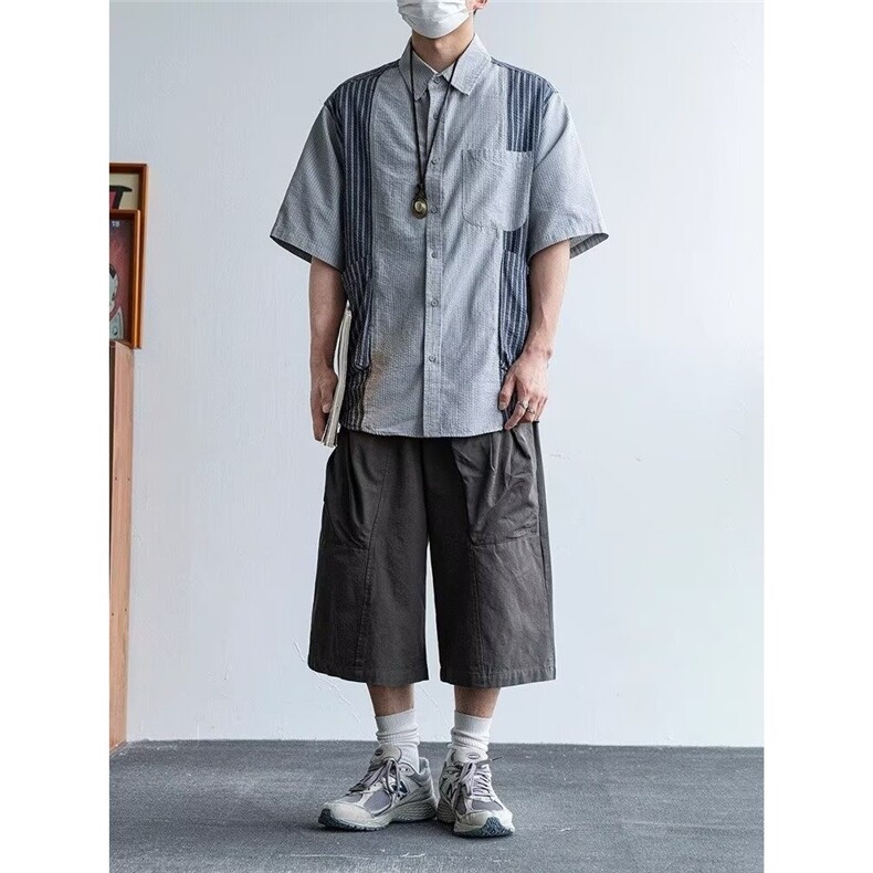 撞色拼接短衬衫单排扣落肩袖短袖宽松型其他休闲翻领夏季潮,男装衬衫,星座506A