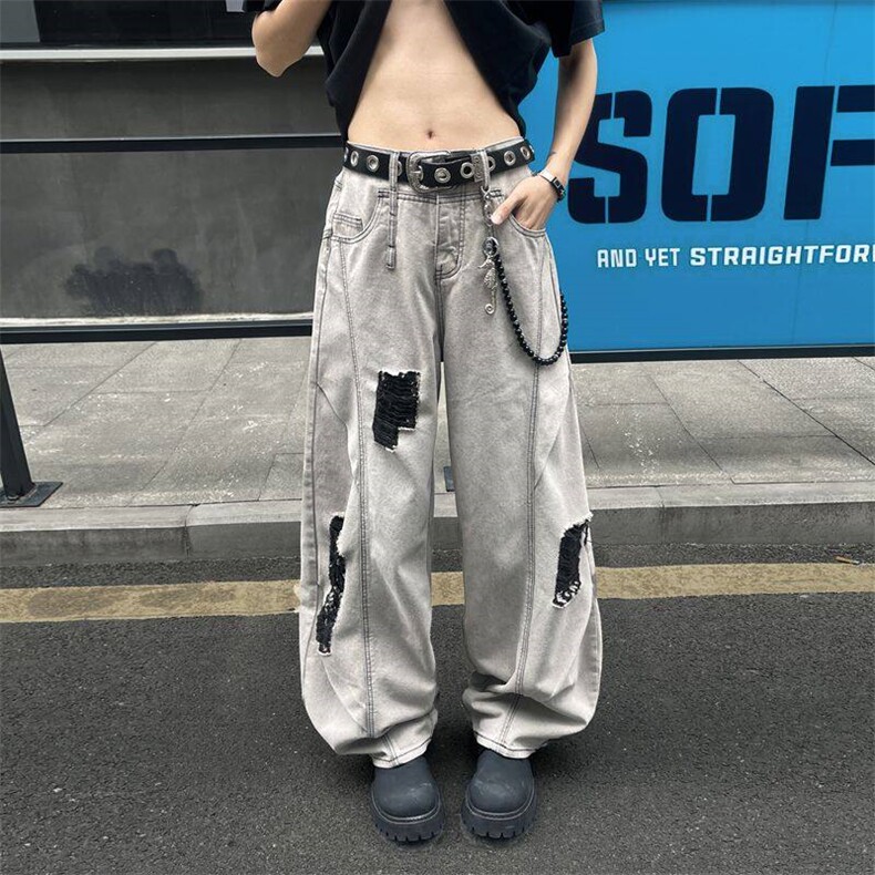 美式高街斜切破洞牛仔裤男薄款宽松阔腿弯刀裤痞帅潮牌直筒裤子,男装牛仔裤,星座410-6（原星座1304-1）