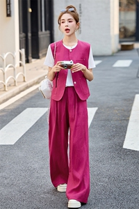 2025夏季新款纯色马甲玫红色三件套阔腿长裤T恤女装高档透气麻料图片