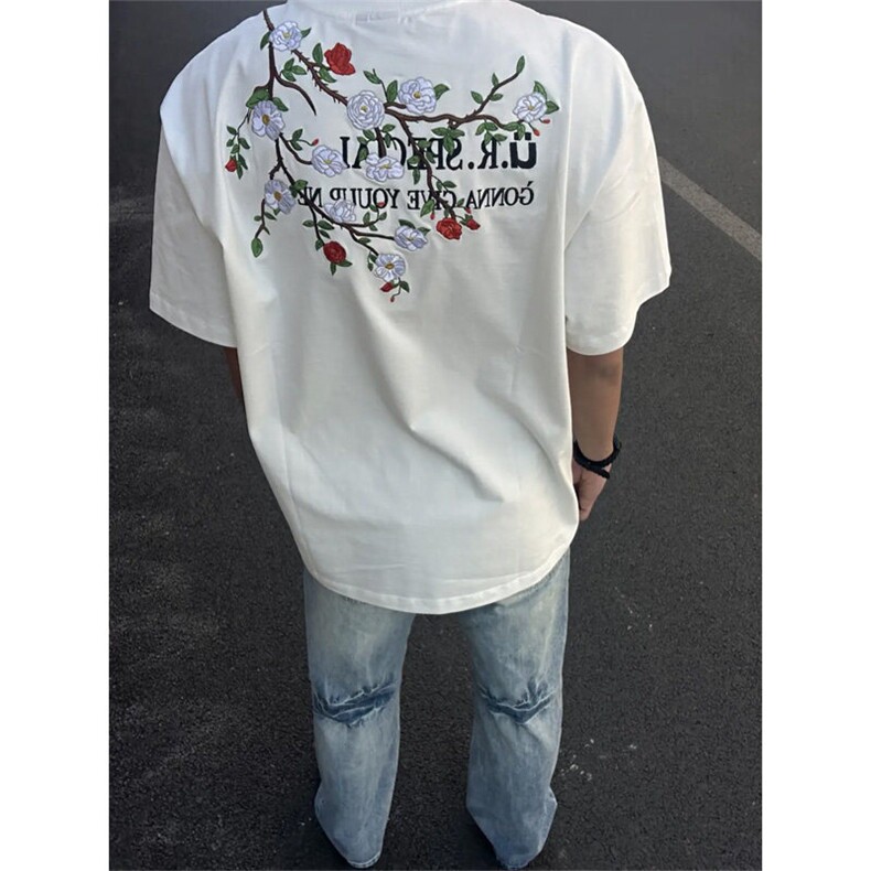 MEDM花卉重工刺绣T恤男款夏季潮牌美式重磅短袖高克重小领口半袖图片