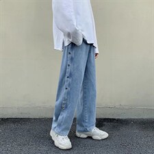排扣牛仔裤男ins休闲潮牌高街痞帅宽松九分直筒老爹裤N284-p42图片