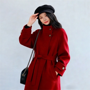 红色羽绒内胆毛呢外套女长款2025冬季新款时尚加厚赫本风呢子大衣图片