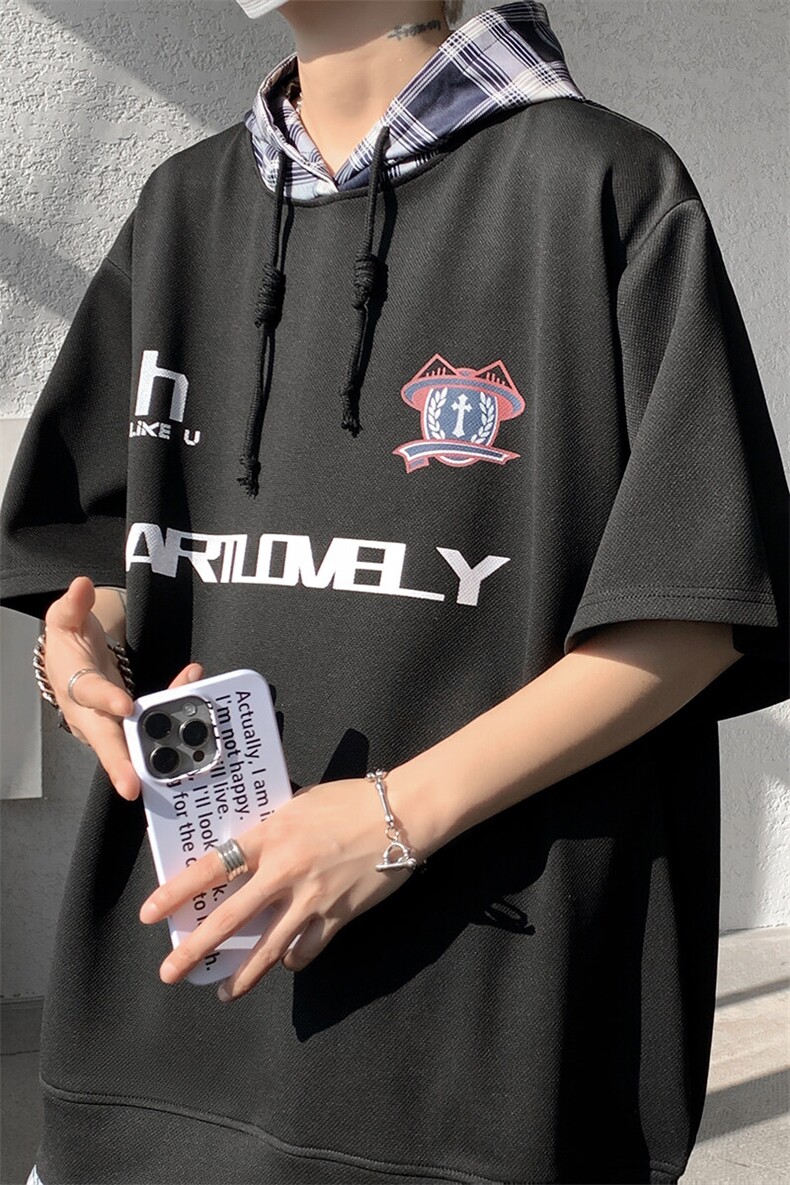 现货T10112-特批35控68新款撞色拼接格子假两件连帽短袖T恤,男装T恤,电商A059