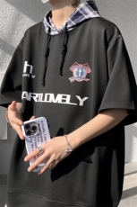 现货T10112-特批35控68新款撞色拼接格子假两件连帽短袖T恤，男装T恤，电商A059