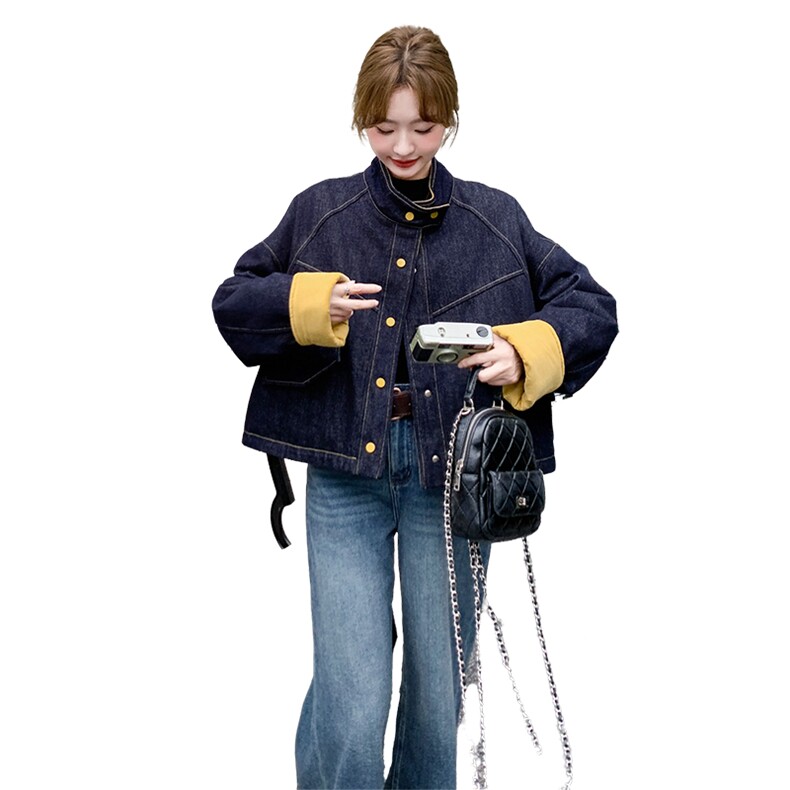 黄色拼接牛仔羽绒服外套女秋冬2025新款派克服短款小个子流行时尚,女装羽绒服,2C210
