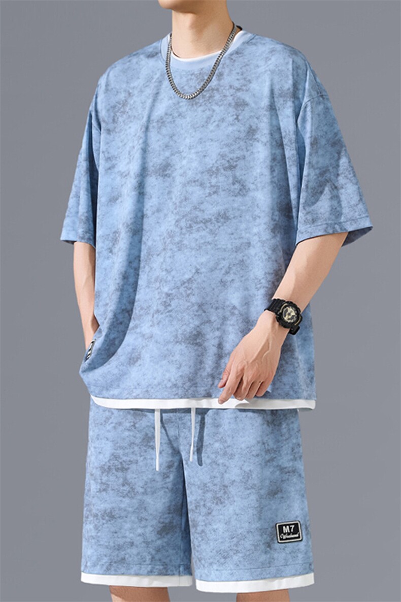 2025夏季新款无影墙大码假两件冰丝短袖套装M-5XHQ25574-P60,男装休闲套装,电商A022