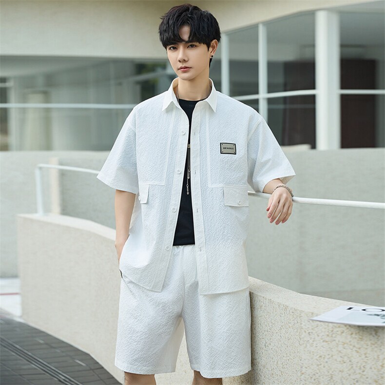 休闲套装男夏季薄款衬衫男士短袖短裤两件套衬衣帅气Y2505-P105图片