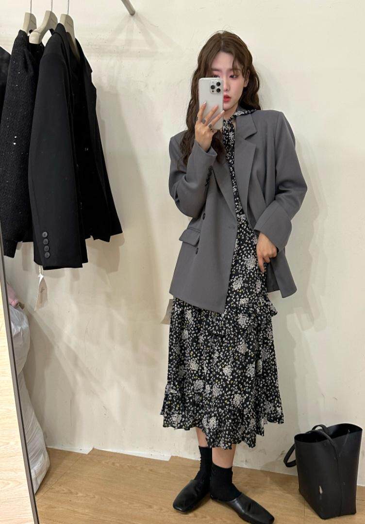 春季新品韩版花色连衣裙，女装连衣裙，唇蔻