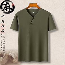 长年货棉麻短袖T恤男士中青年风盘扣复古夏体恤半袖上衣，男装T恤，钱塘723