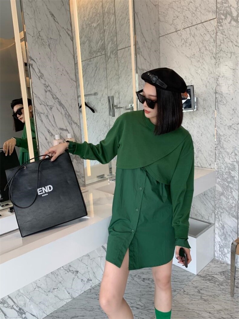 早秋设计款假两件卫衣衬衫裙图片