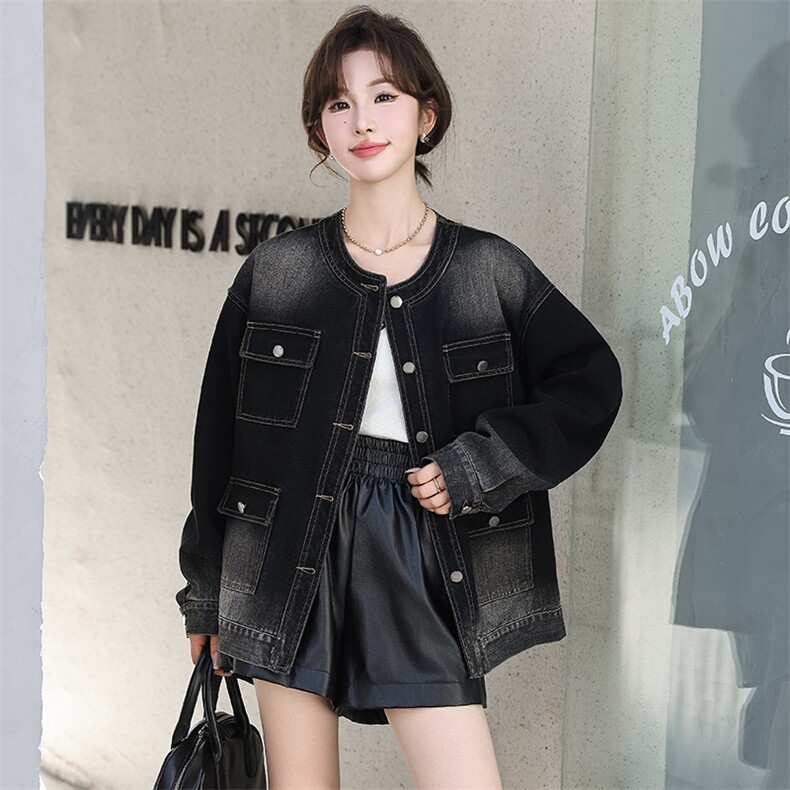 欧货圆领长袖牛仔外套女早秋新款设计感四口袋中长款美式短外套潮，女装牛仔外套，江南女神