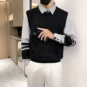 条纹拼接衬衫领毛衣男假两件针织上衣秋冬潮流痞帅打底衫 Q142图片