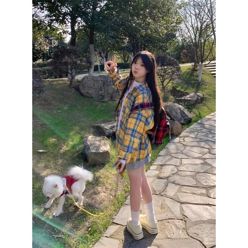 韩版超好看撞色格子polo领长袖衬衫女早春宽松慵懒风百搭薄款外套,男装衬衫,星座506A