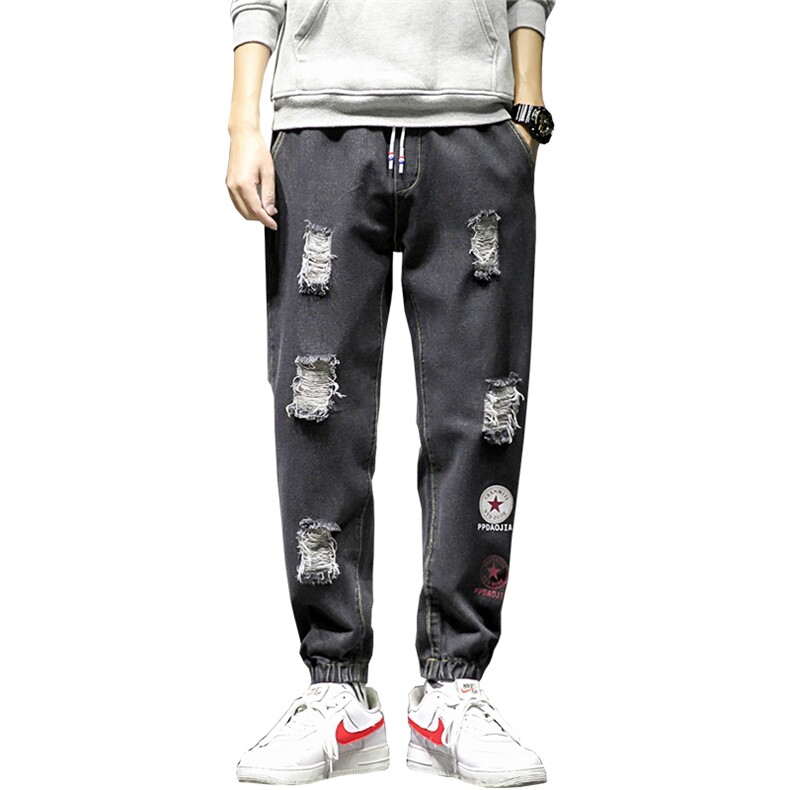 2021春季新日系大码男美式束脚星标印花破洞牛仔九分裤N8100-P55,男装牛仔裤,电商A001