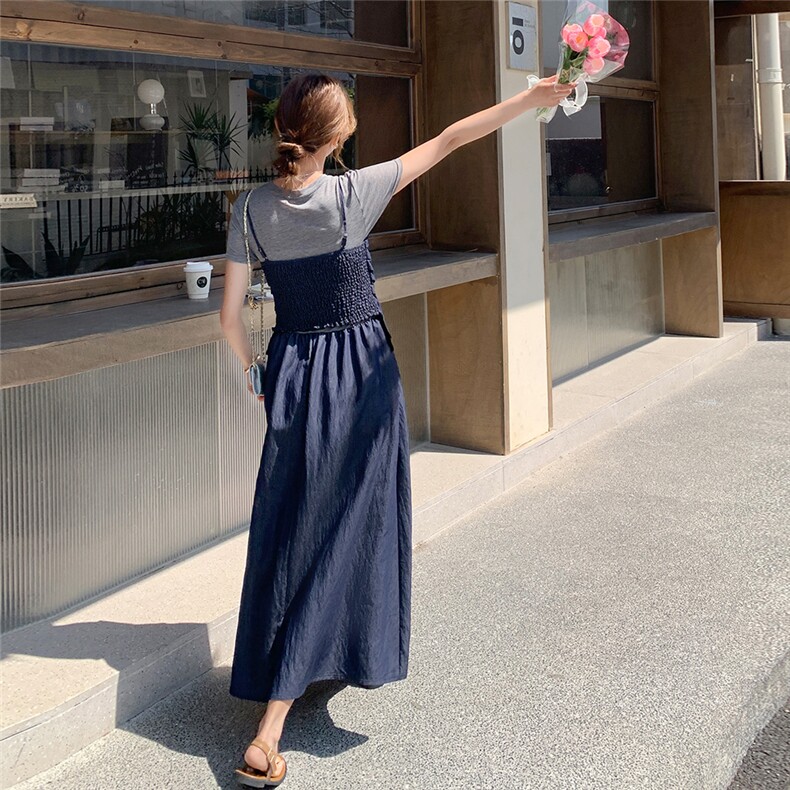 2025夏季新款韩版时尚短款小背心显瘦短袖长款假两件连衣裙,女装连衣裙,浙宝220