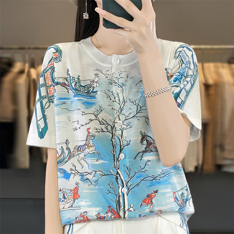 精纺天蚕丝圆领短袖开衫时尚抽象印花针织衫通勤百搭夏薄款上衣女，女装羊毛衫，朝贺羊绒