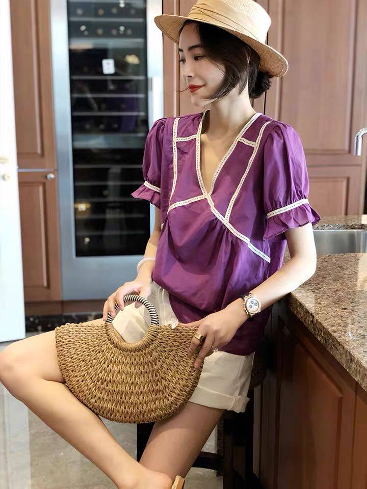 2021欧洲站休闲紫色套装短裤高腰夏女时尚宽松洋气两件套短袖上衣，女装蕾丝衫/雪纺衫，潮品会