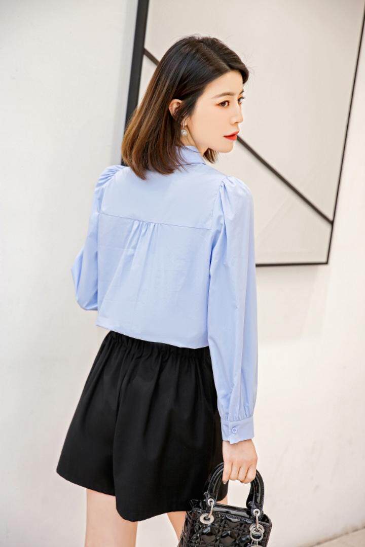 春季韩风百搭优雅木耳边丝带心形衬衫，女装衬衫，林依芭莎(1F)