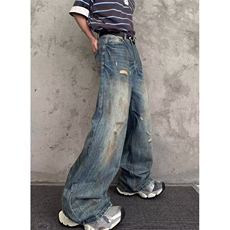 街头废土做旧破洞直筒牛仔裤男女新款ins百搭阔腿裤子NK112，男装牛仔裤，星座1116A（原606A-3）