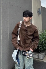 棕色抽绳对襟皮衣外套高级感痞帅小众设计机车夹克JK344特P75，男装夹克，星座908-1