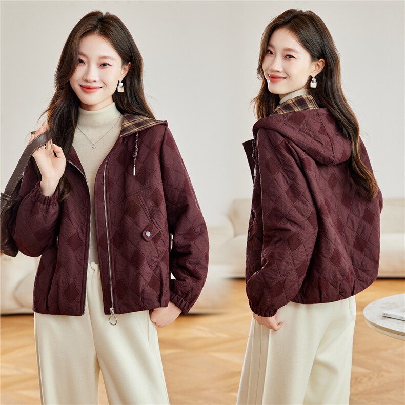 时尚菱格纹连帽夹棉外套女2026春新款宽松休闲短款，女装短外套，简韵佳