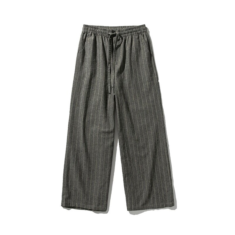 夏季风休闲裤宽松直筒条纹阔腿裤棉麻长裤日系复古K80/P75,男装休闲裤,钱塘713