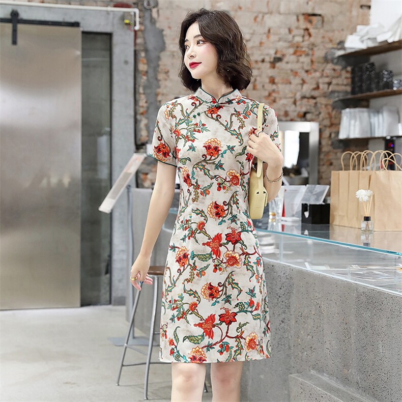 旗袍女2025夏季时尚简约大方气质优雅印花收腰显瘦短袖甜美连衣裙,女装连衣裙,天丽
