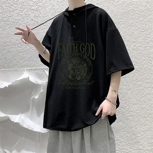 LD54388-P45NASA 连帽短袖t恤男大码胖子带帽五分袖中袖图片
