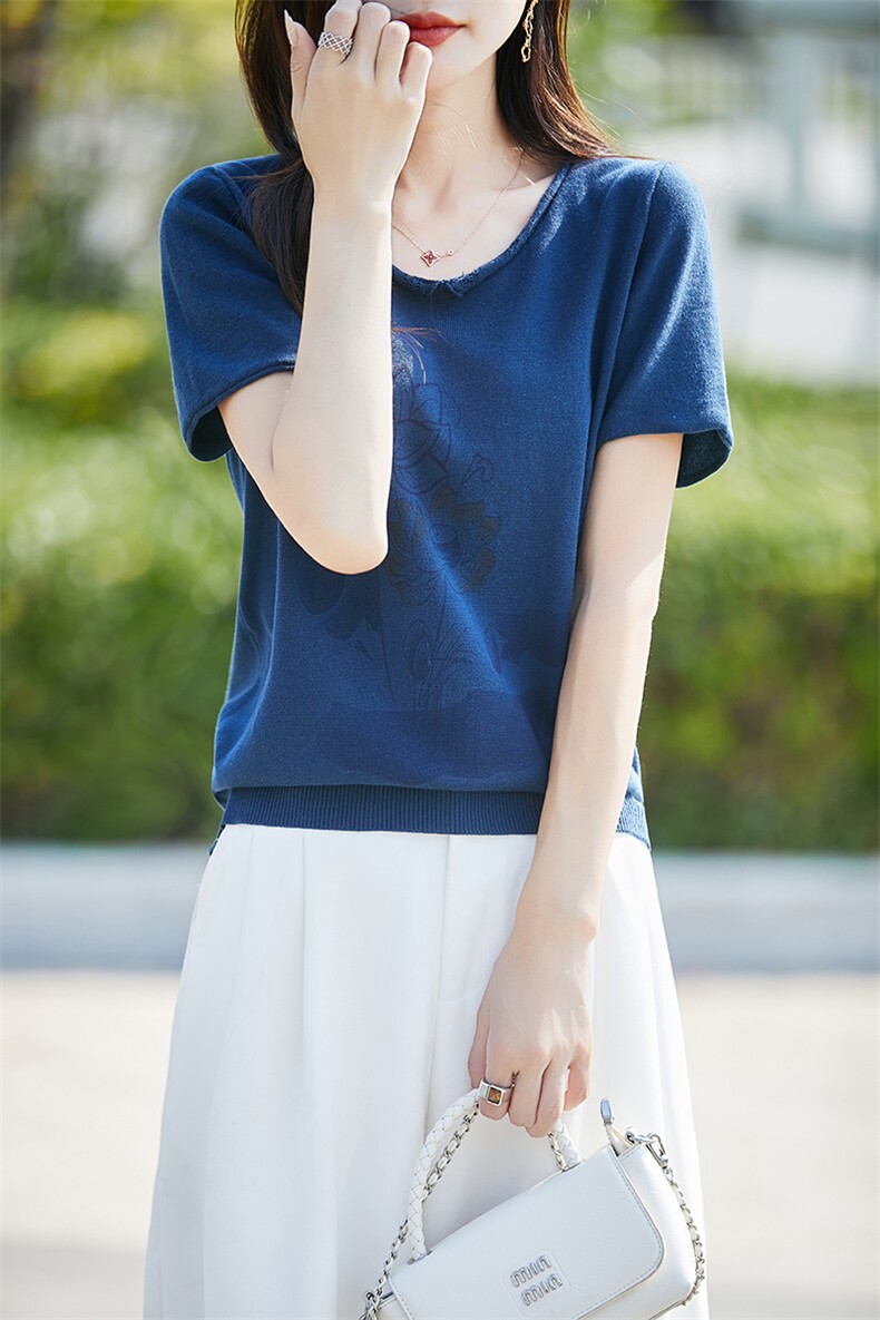 夏季新款女装纯棉短袖印花t恤女宽松文艺无色无味大码套头针织衫,针织衫/毛衣,斯美雅电商供货
