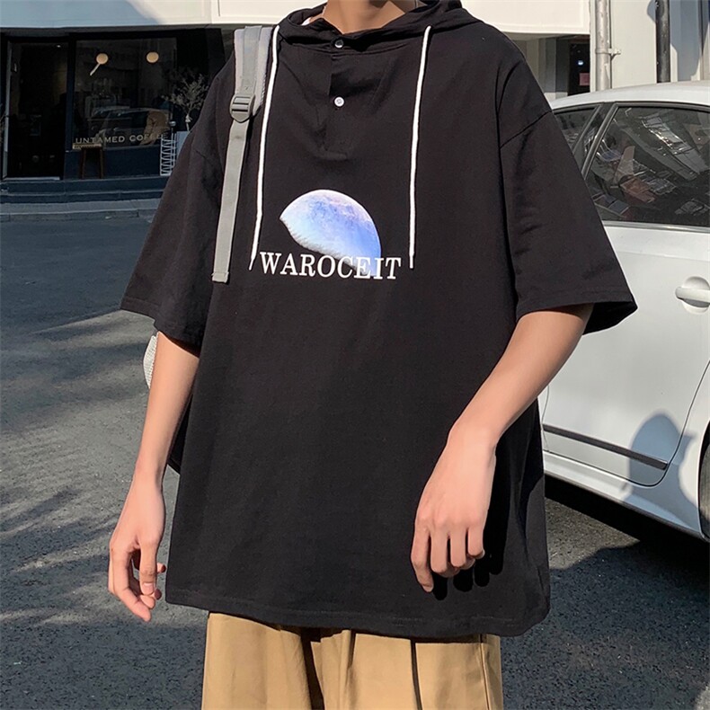 LD54154-P45连帽短袖t恤男大码胖子带帽五分袖中袖,男装T恤,电商A040
