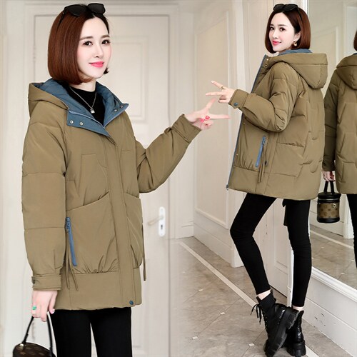 羽绒棉服2023年冬季新款女装时尚撞色休闲中长款加厚中长款棉衣