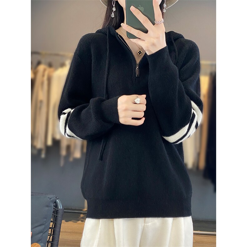 时尚百搭红色半拉链帽衫羊毛针织衫女装秋冬新款,女装羊毛衫,狄美羊绒