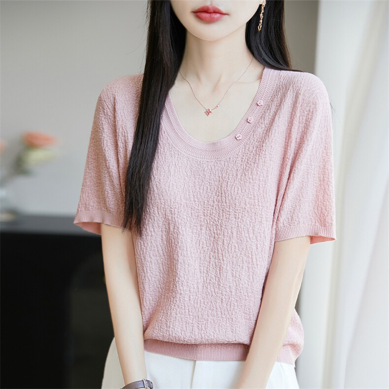 夏季新款V领莱赛尔天丝针织短袖女纯色百搭半袖上衣宽松T恤打底衫,针织衫/毛衣,唐诺