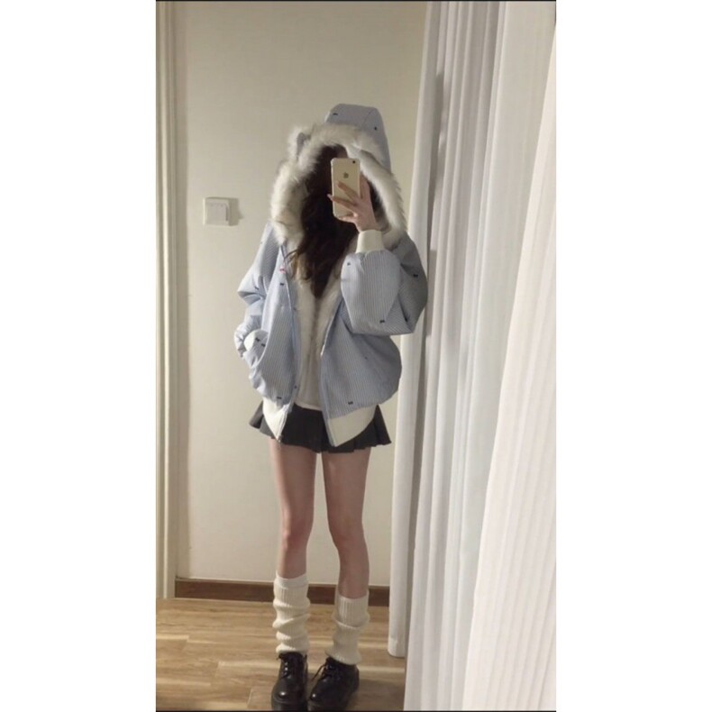 1506A/G36230/P99慵懒风猫耳朵毛领蝴蝶结条纹连帽棉服图片