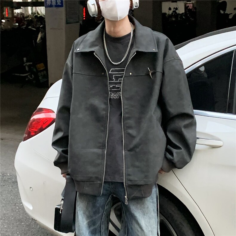 2025秋冬装做旧面料金属别针PU皮衣夹克外套PY777/特P60黑灰2,男装夹克,电商A094