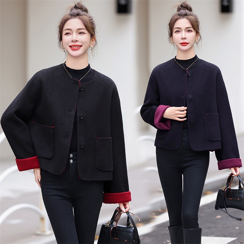 里外撞色双面呢短款外套2026年冬季新款手工双面呢时尚羊毛大衣女，女装双面呢大衣，衣之秀