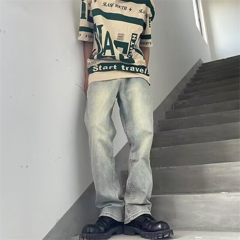 美式水洗做旧黄泥色印花牛仔裤男女潮ins高街休闲显瘦直筒长裤男,男装牛仔裤,星座506A