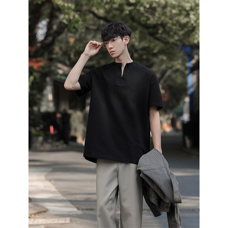 落肩情侣cityboy风短袖简约小V领韩系肌理T恤HY927TP28控49,男装T恤,电商A102B