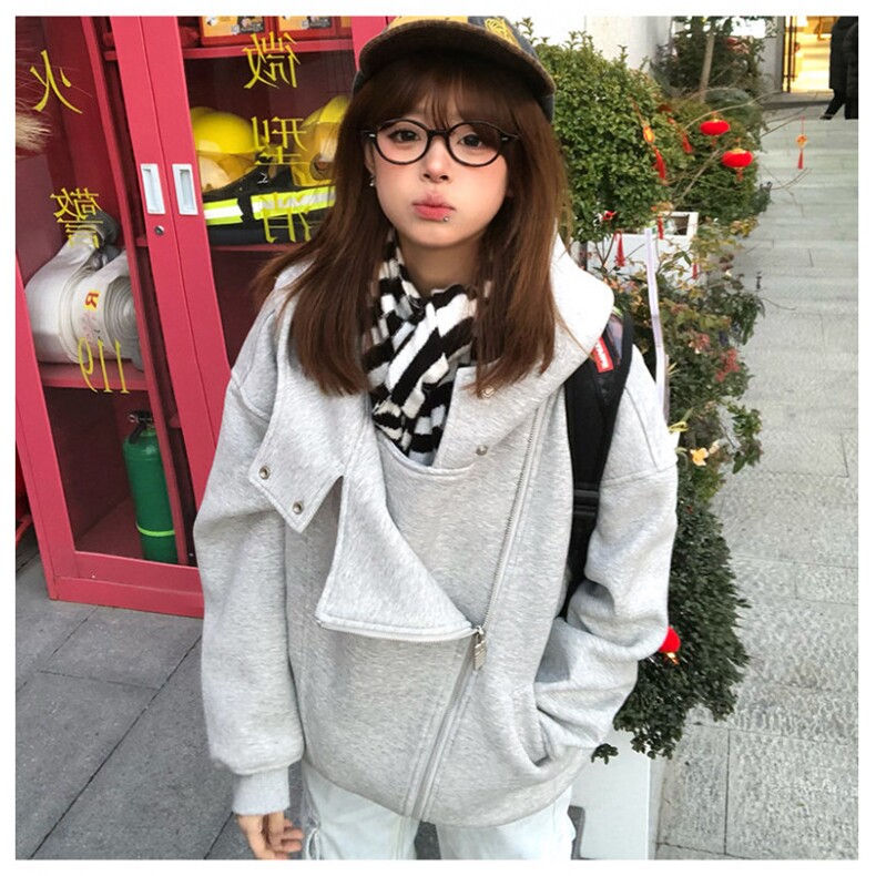 网图重磅380克全棉宽松设计感拉链套头连帽卫衣外套AH912-P58,女装短外套,四季星座610B
